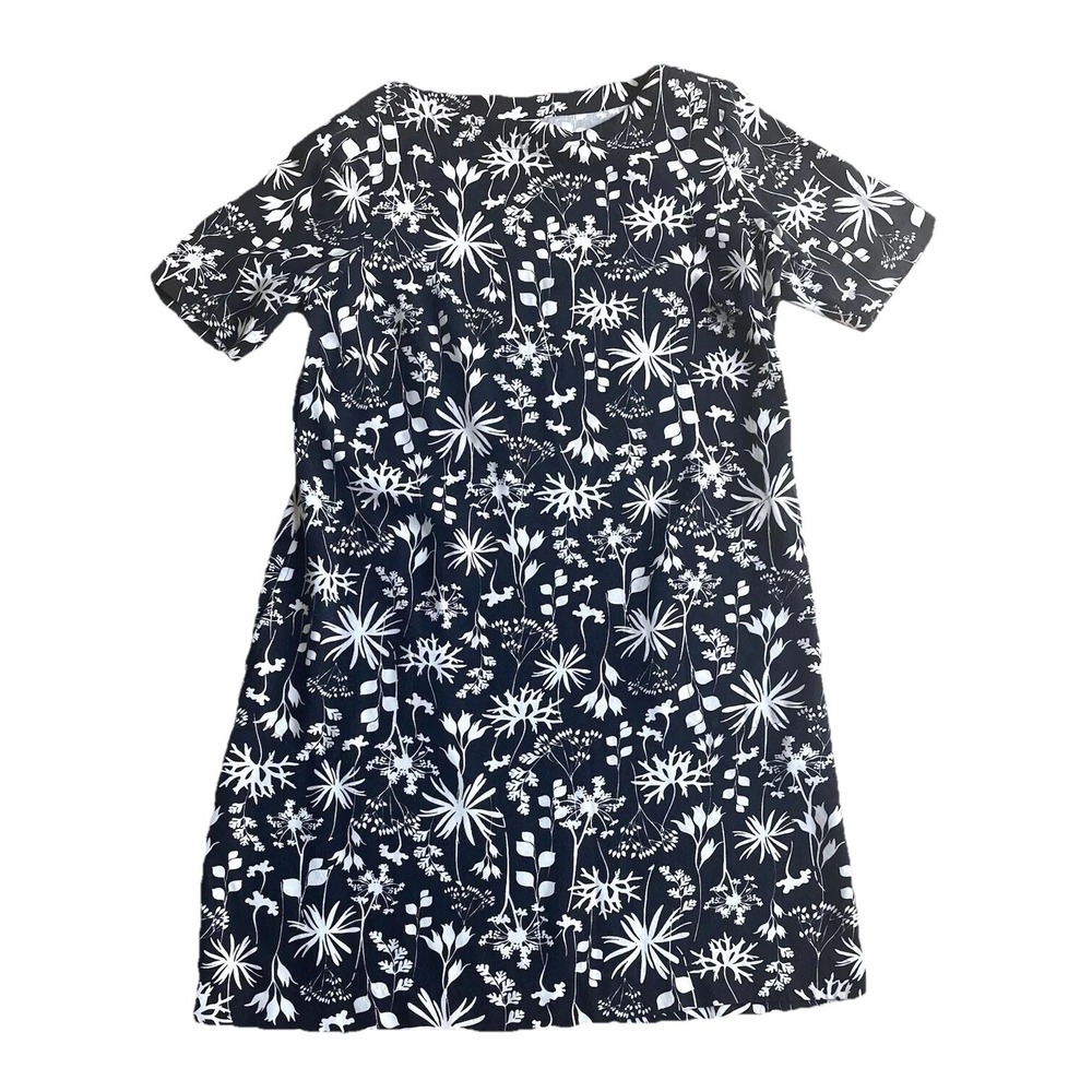 J. Jill Black Floral Dress Short Sleeve Shift Stretch Pockets Size XS Office